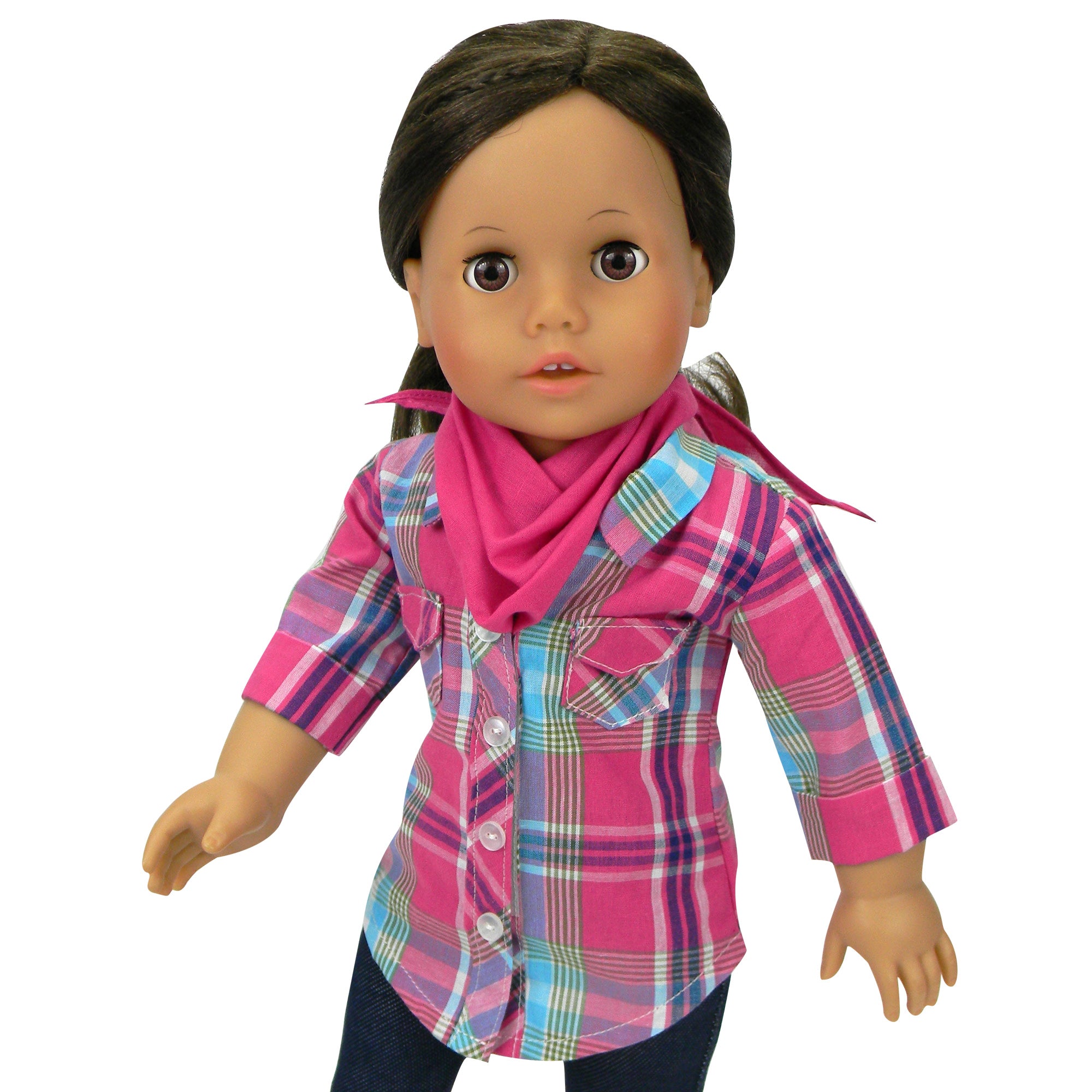 Sophia’s Plaid Button-Up Blouse, Denim Jeggings, & Bandana Complete Three-Piece Outfit Set for 18” Dolls, Hot Pink