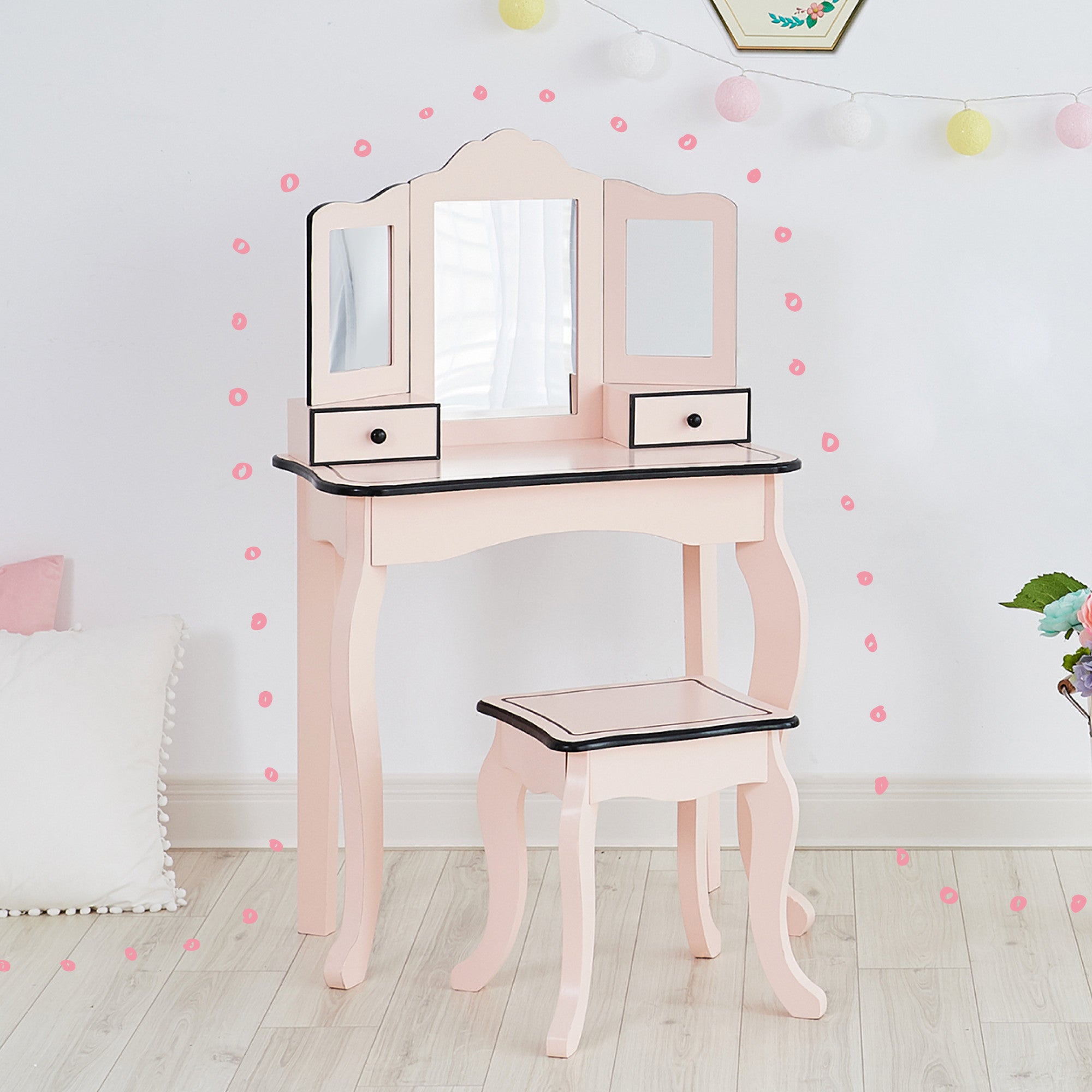 Fantasy Fields Kids Little Lady Adriana Vanity Set with Tri-Fold Mirror and Chair, Pink/Black