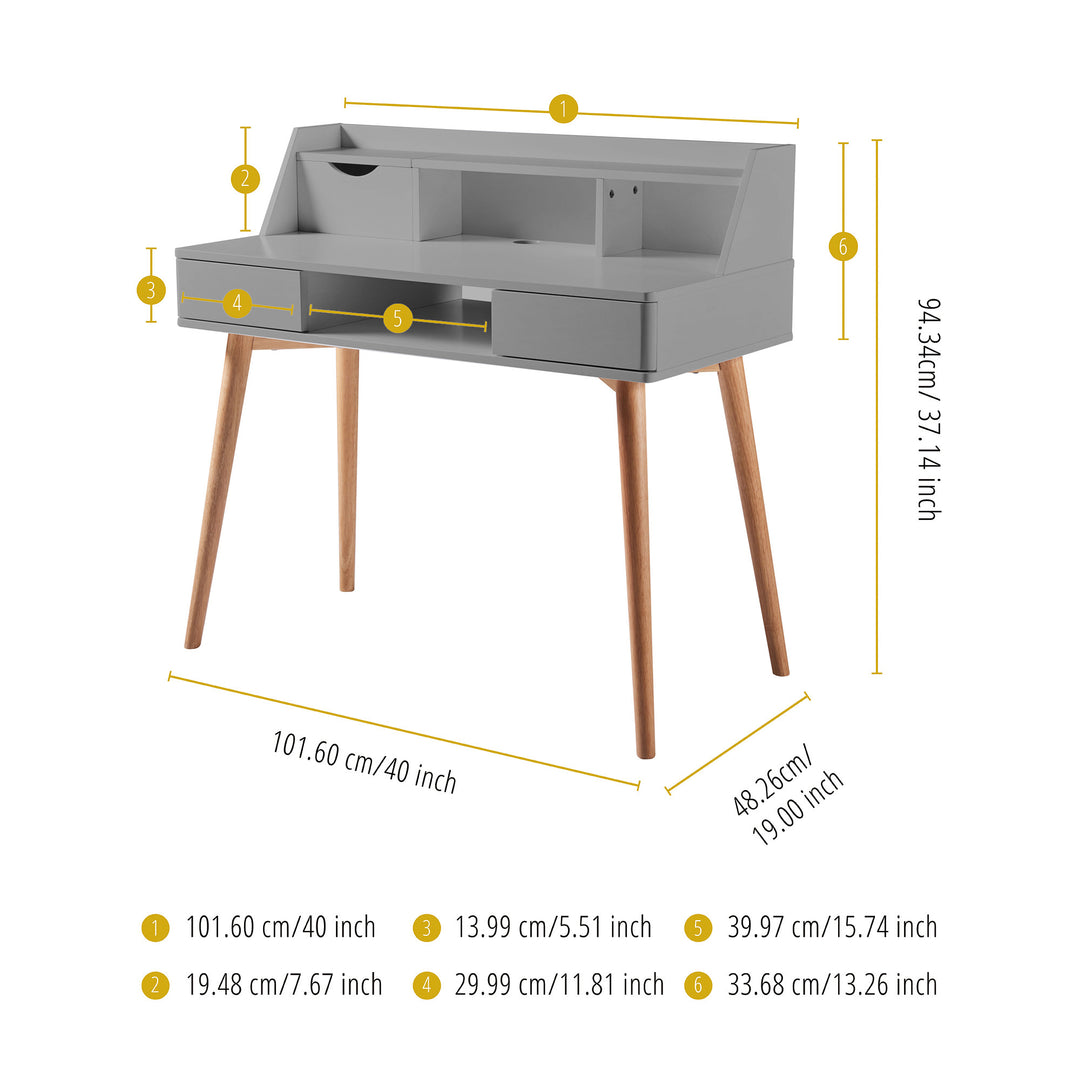 An image of a Teamson Home Creativo Wooden Writing Desk with Storage, Light Gray/Natural with storage and measurements.