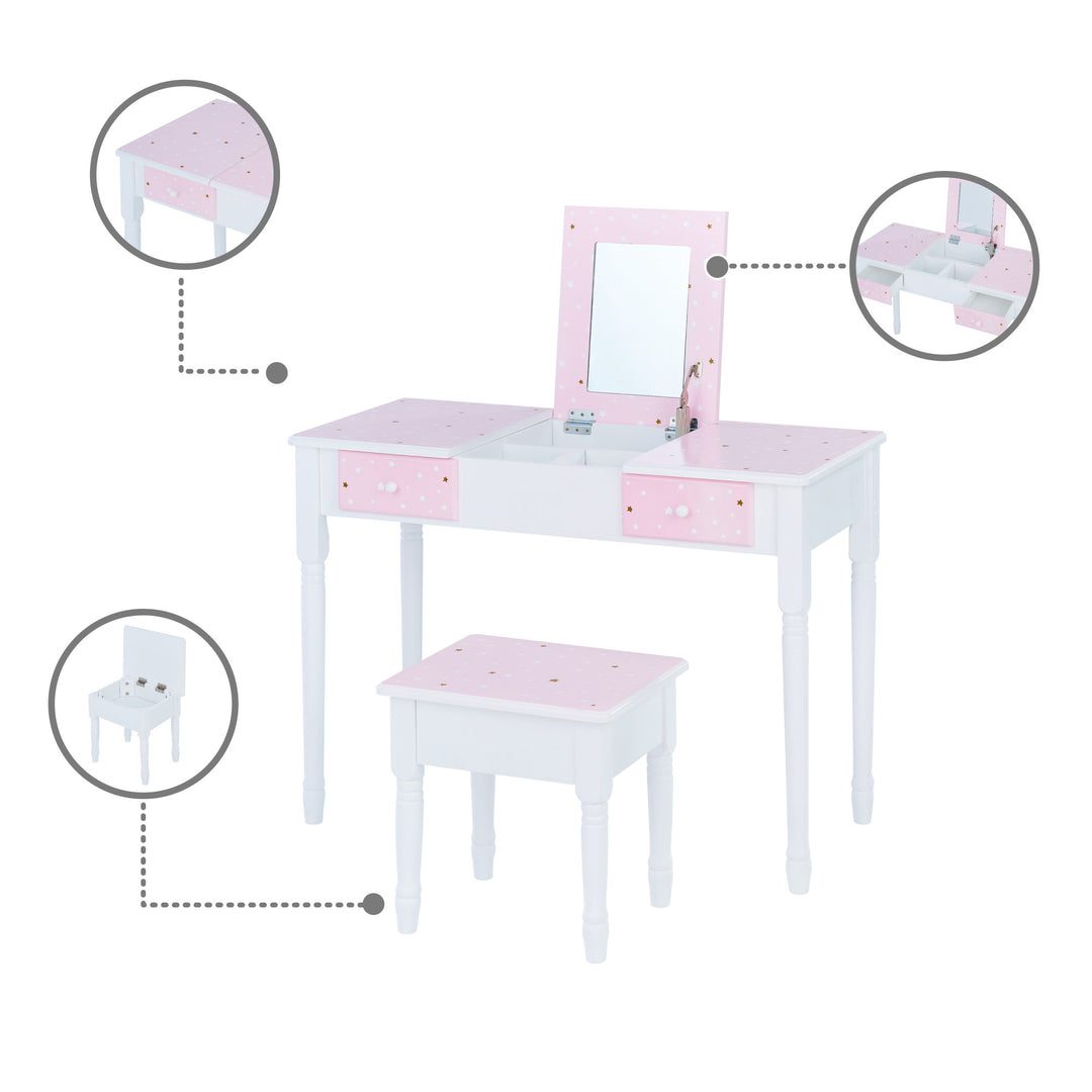 Callouts of the vanity include storage drawers, a mirror that folds in and a stool with a storage space in the seat.