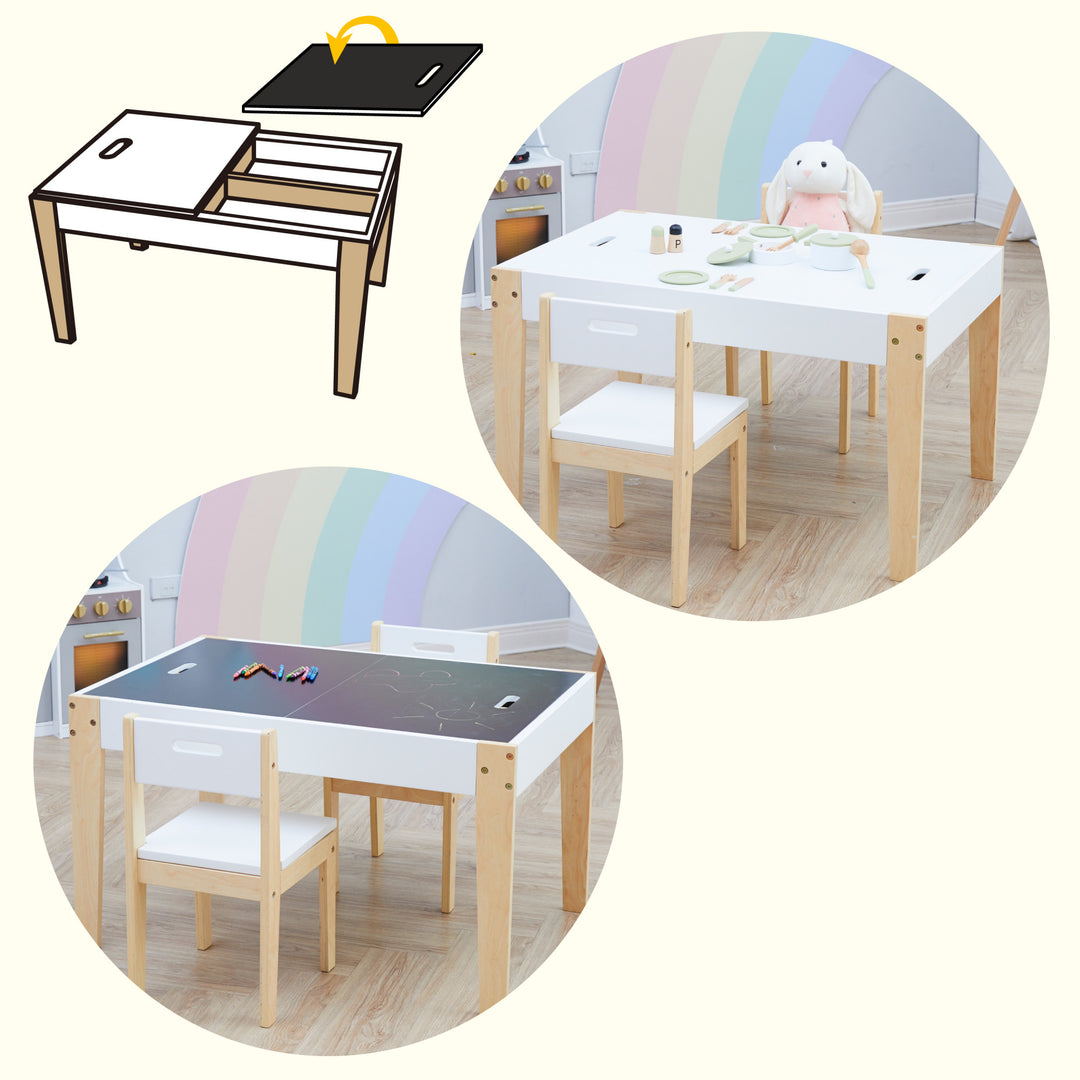 Two pictures of a Fantasy Fields 3 Piece Play Table and Chairs Set with Storage and 2-Way Chalkboard Table Top, White with a rainbow on it.