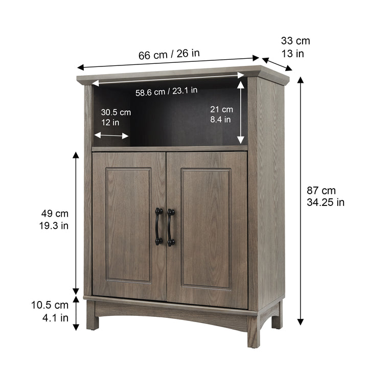 Dimensions of the exterior and open shelf in inches and centimeters of the Russel Floor Storage Cabinet