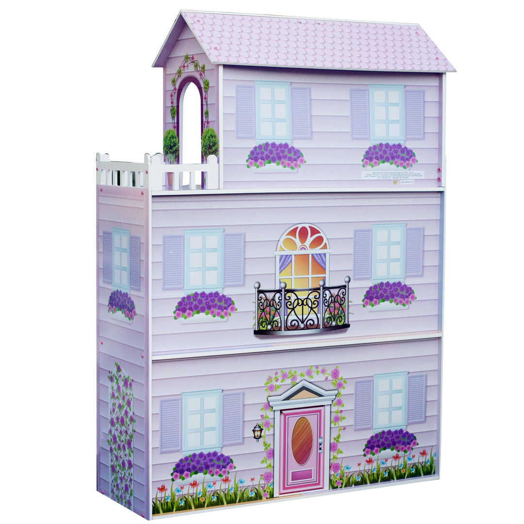 The outside of a three-story dollhouse, illustrated with windows and a balcony, in shades in purple.