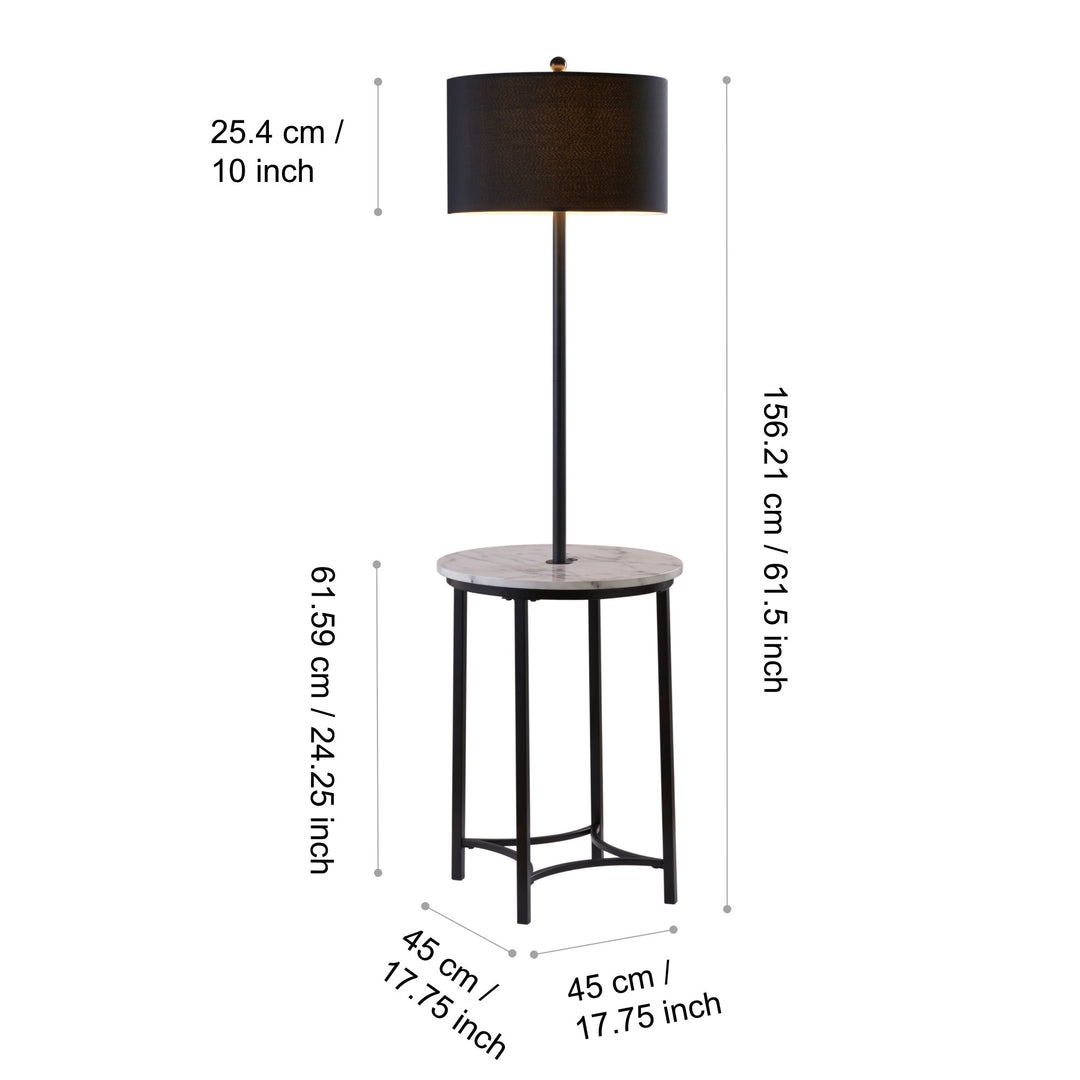Dimensions in inches and centimeters of the Teamson Home Shenna Floor Lamp with Faux White Marble Tray Table, Black