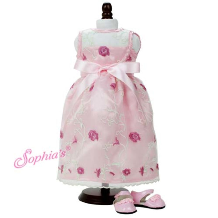 Sophia’s Embroidered Flower Sheer Overlay Fancy Special Occasion Spring Satin Dress for 18” Dolls, Light Pink