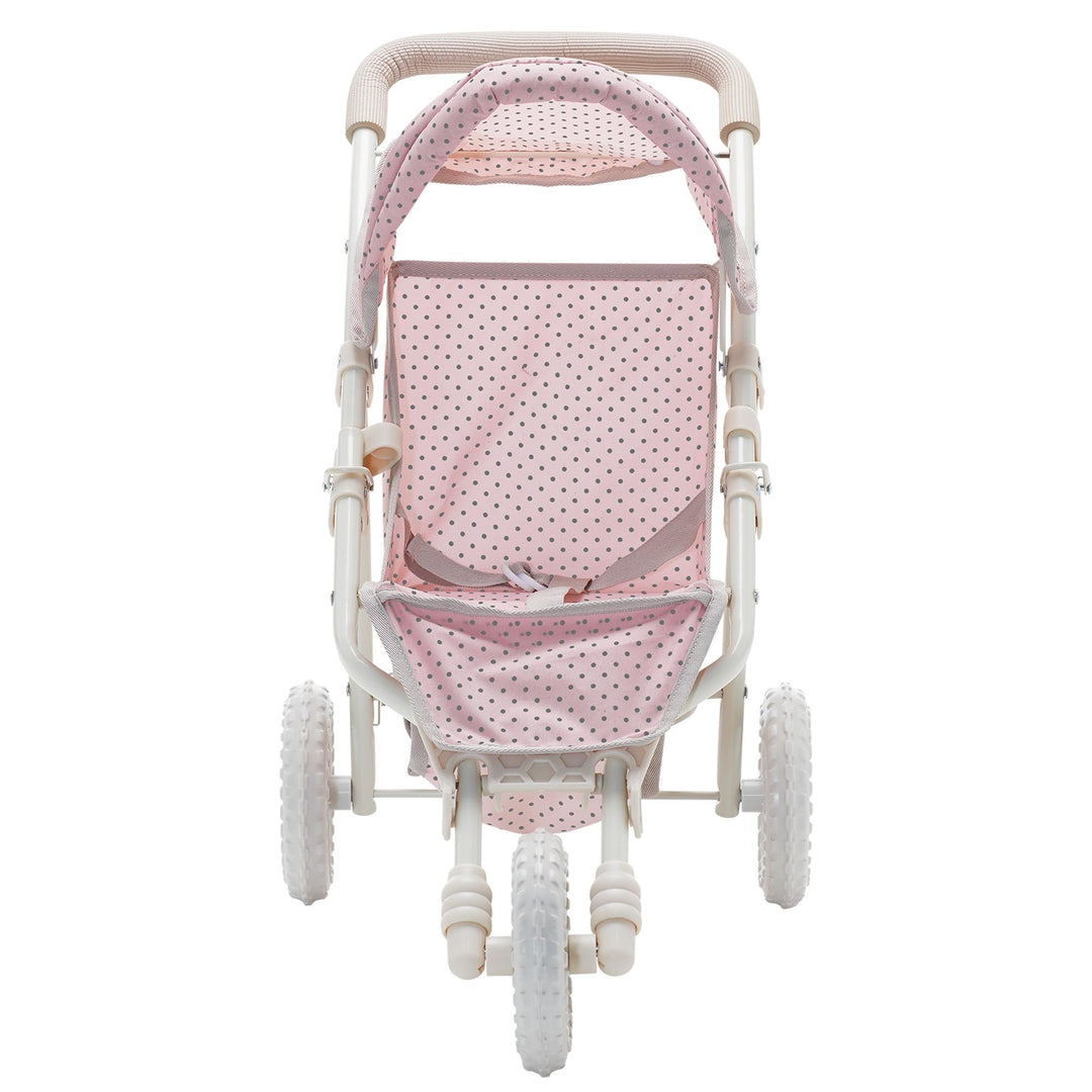 A  view from the front of the pink and white Olivia's Little World Polka Dots Princess Baby Doll Jogging Stroller.