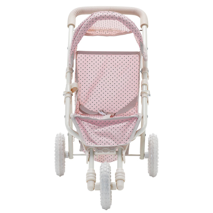 A  view from the front of the pink and white Olivia's Little World Polka Dots Princess Baby Doll Jogging Stroller.