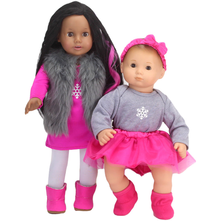 Sophia’s Winter Snowflake Onesie, Tutu Skirt, Bow Headband, & Fabric Booties Set for 15” Baby Dolls, Hot Pink/Gray