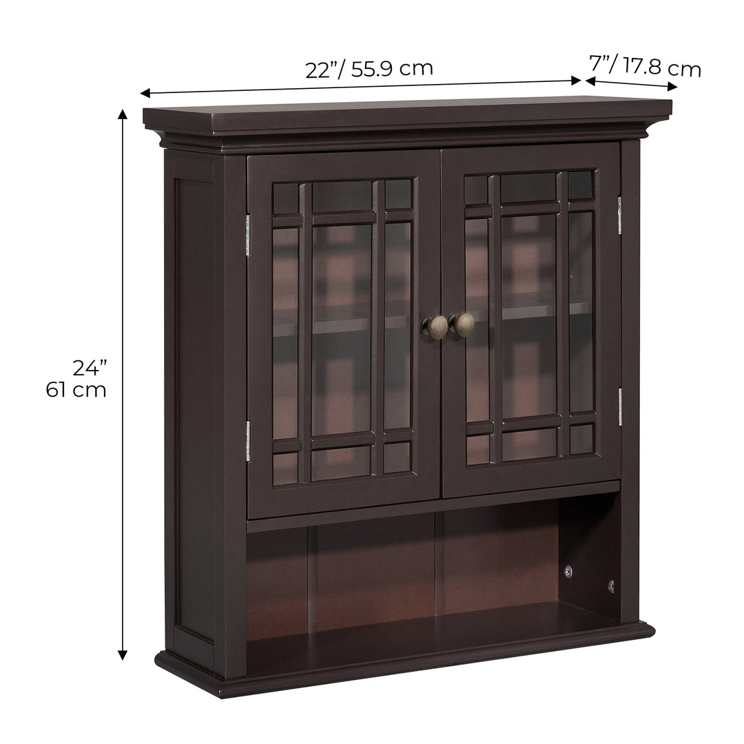 Dimensions in inches and centimeters of a Teamson Home Dark Espresso Neal Removable Wall Cabinet
