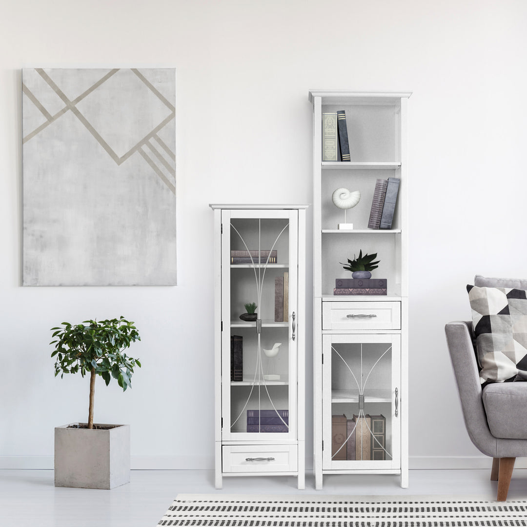 A minimalist white living room with a smaller Delaney cabinet next to a White Teamson Home Delaney Freestanding Linen Tower with Mixed Storage
