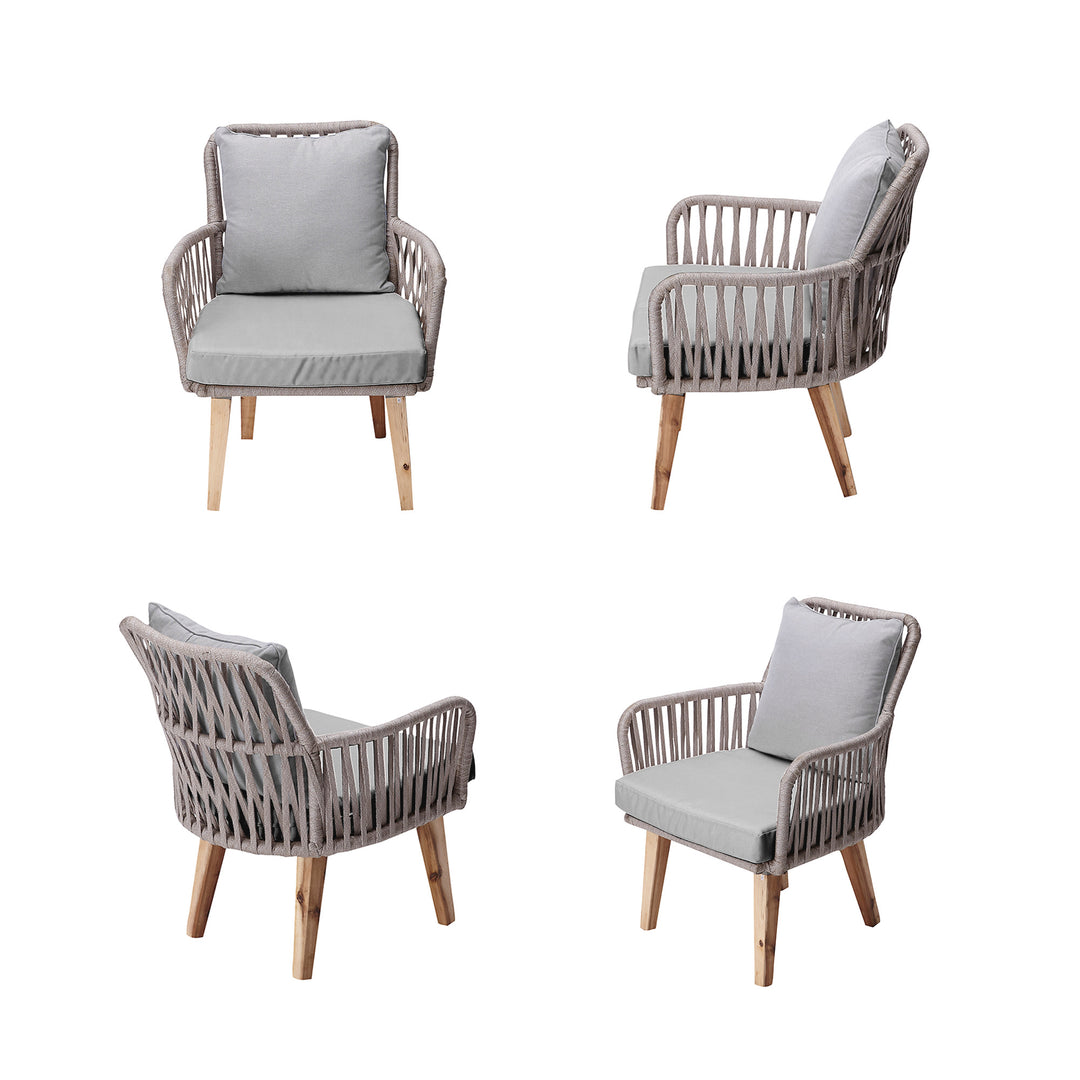Several angles of the gray and natural cushioned patio chairs - front, sides and back views