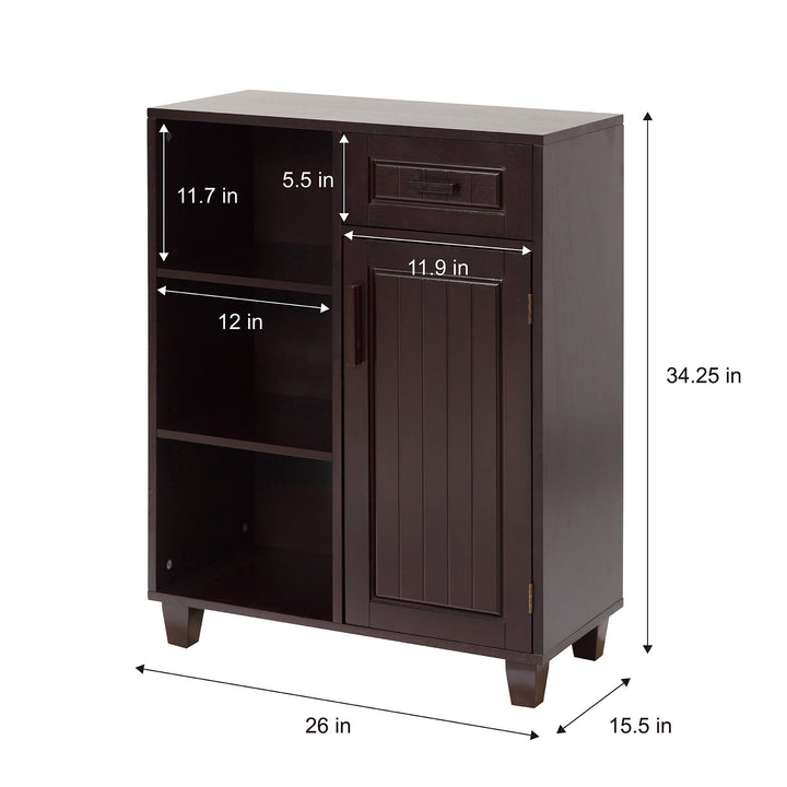 Dimensions of the shelves, storage drawer, and cabinet listed in inches of the Teamson Home Catalina Single Door Free Standing Cabinet with Open Shelves and Drawer, Espresso