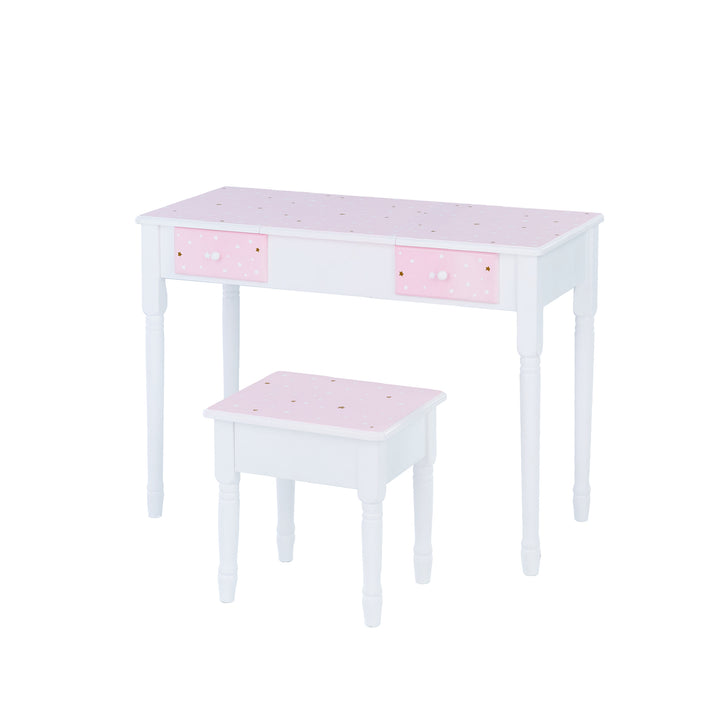 A Fantasy Fields Kids Kate Twinkle Star Vanity Set with Foldable Mirror and Chair, Pink/White.