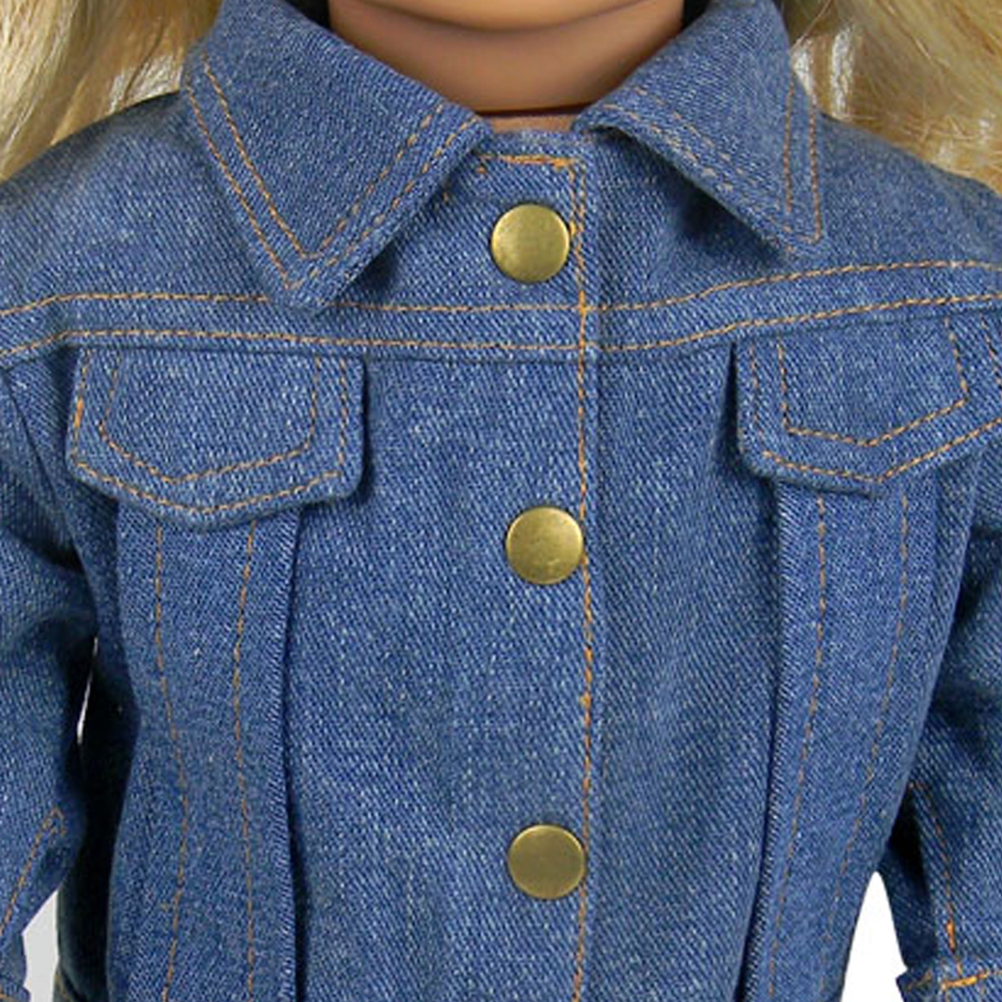 Sophia’s Gender-Neutral Mix & Match Denim Jean Jacket with Exposed Gold Stitching & Metallic Gold Buttons for 18” Dolls, Indigo Blue