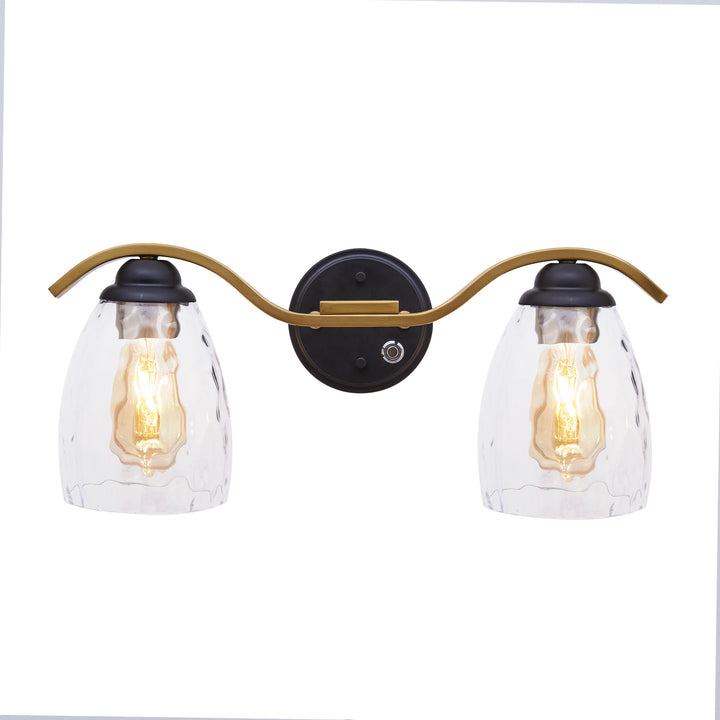 View of the three-stage dimmer on the backplate of the Teamson Home Heidi 2-Light Vanity Fixture with Clear Hammered Glass Cloche Shades, Black/Brass 