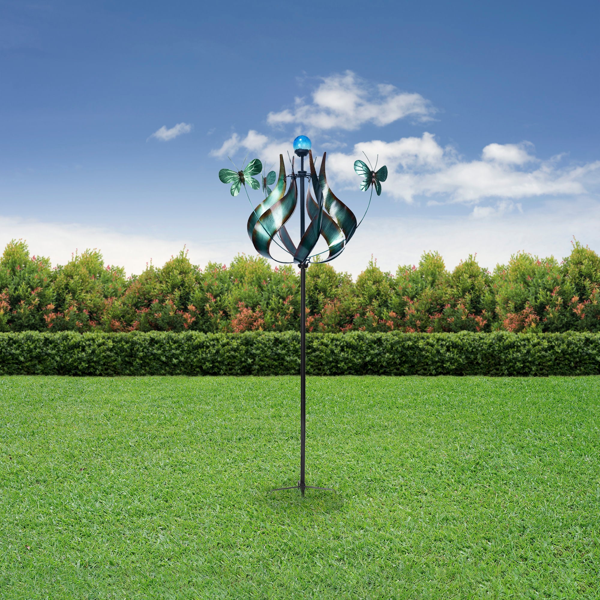 Teamson Home Outdoor Solar Tulip and Butterfly Kinetic Windmill Sculpture with LED Light, Teal