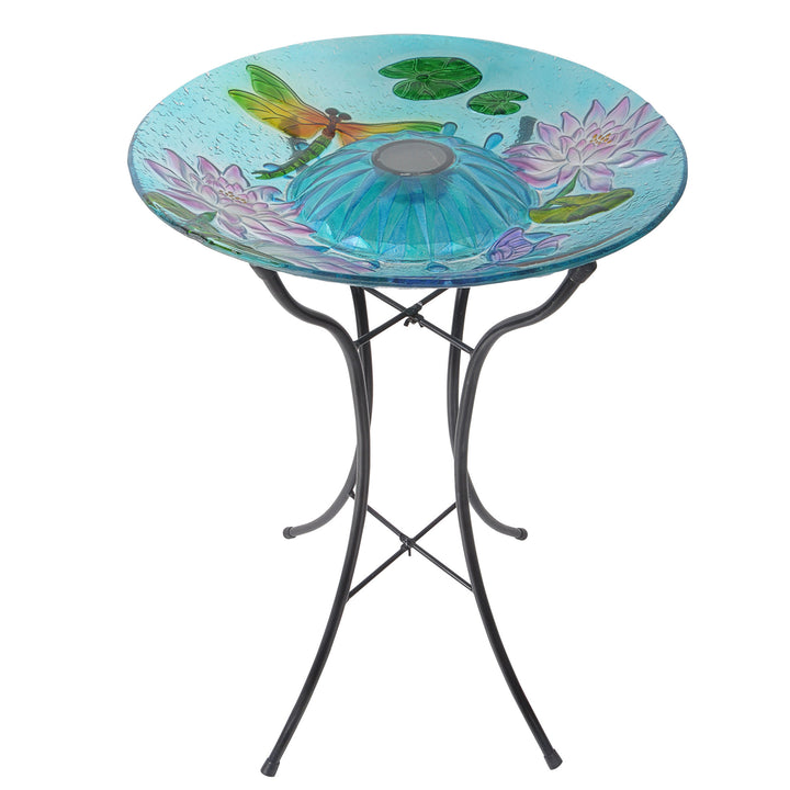 Teamson Home - Outdoor 18Inch Handpainted Dragonfly Fusion Glass Solar Bird Bath - Blue with Purple flowers, Green dragonfly