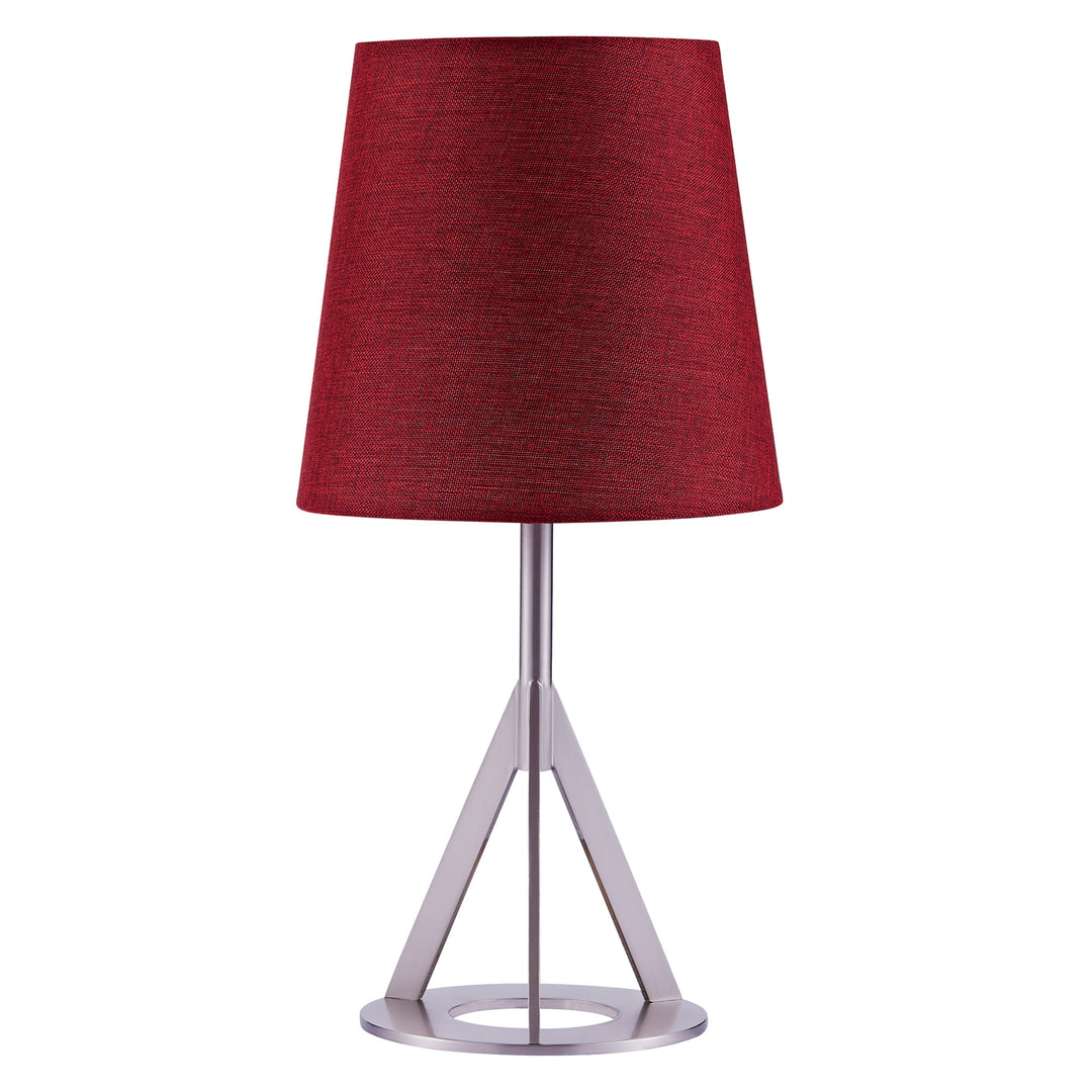 A Teamson Home Aria 15" Modern Table Lamp with Round Red Shade and a geometric nickel base.