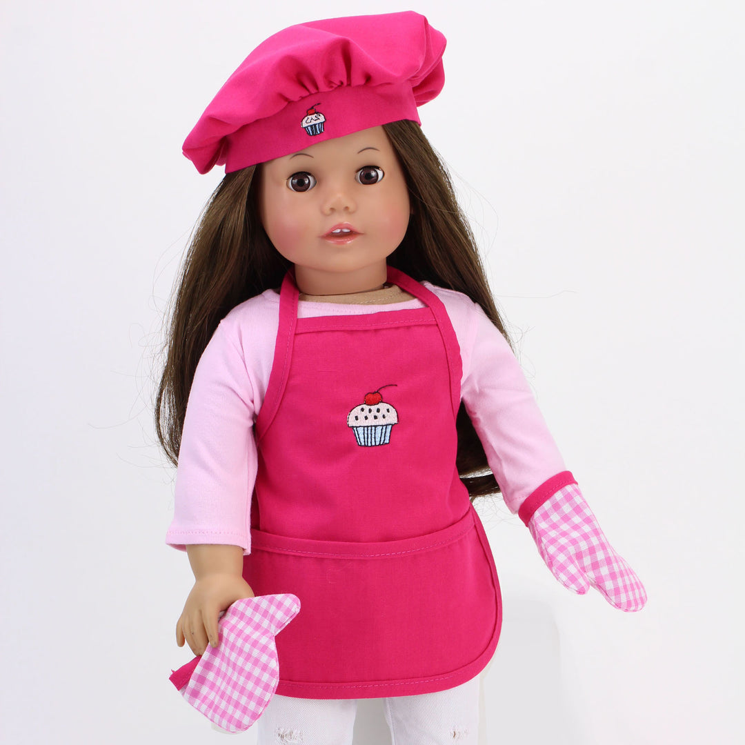 Sophia’s Cupcake Baking Apron, Hat, & Gingham Oven Mitts Complete Matching Accessory Set for 18” Dolls, Hot Pink