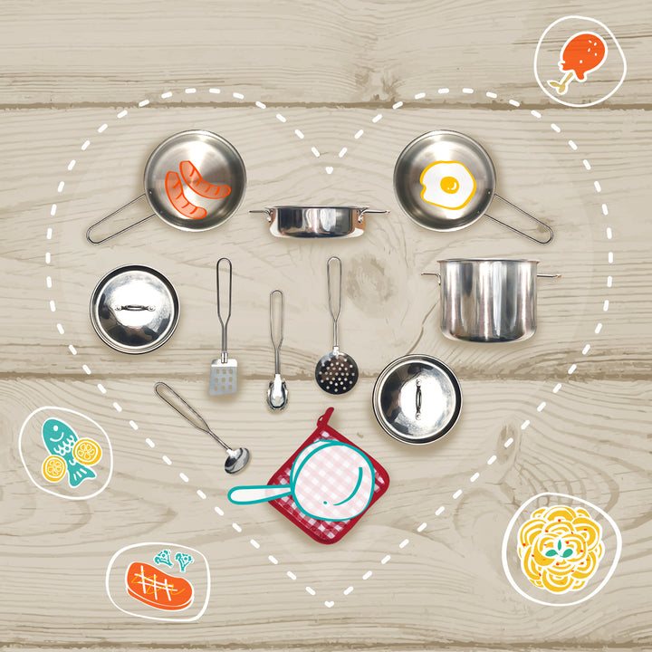 A variety of Teamson Kids 11 Piece Little Chef Frankfurt Stainless Steel Cooking Accessory Sets, neatly arranged on a wooden surface, with graphic food illustrations nearby.