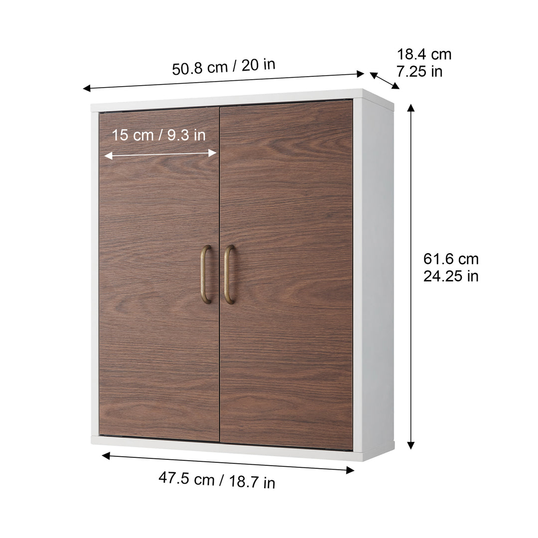 Teamson Home Tyler Modern Wooden Removable Cabinet, Walnut/White with double doors and annotated dimensions in inches and centimeters