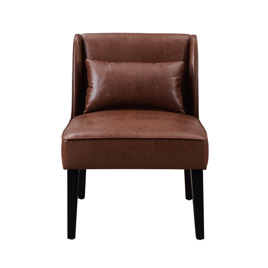 A comfortable brown Teamson Home Marc Faux Leather Lounge Chair with Pillow and Solid Wood Legs.