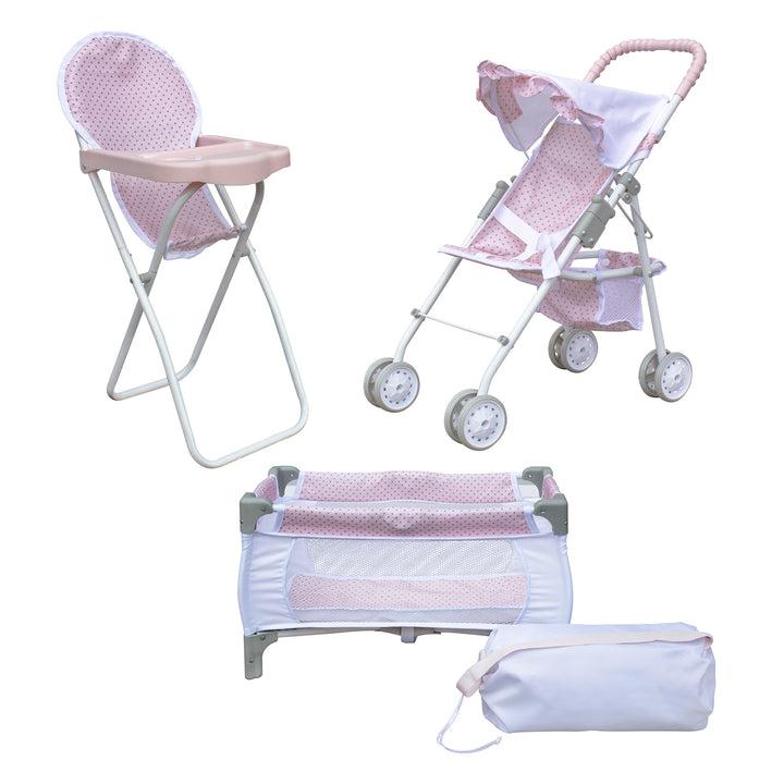 Olivia's Little World Polka Dots Princess 3-in-1 Baby Doll Nursery Set, Pink/Gray featuring a high chair, a stroller, and a play pen with stowaway bag.