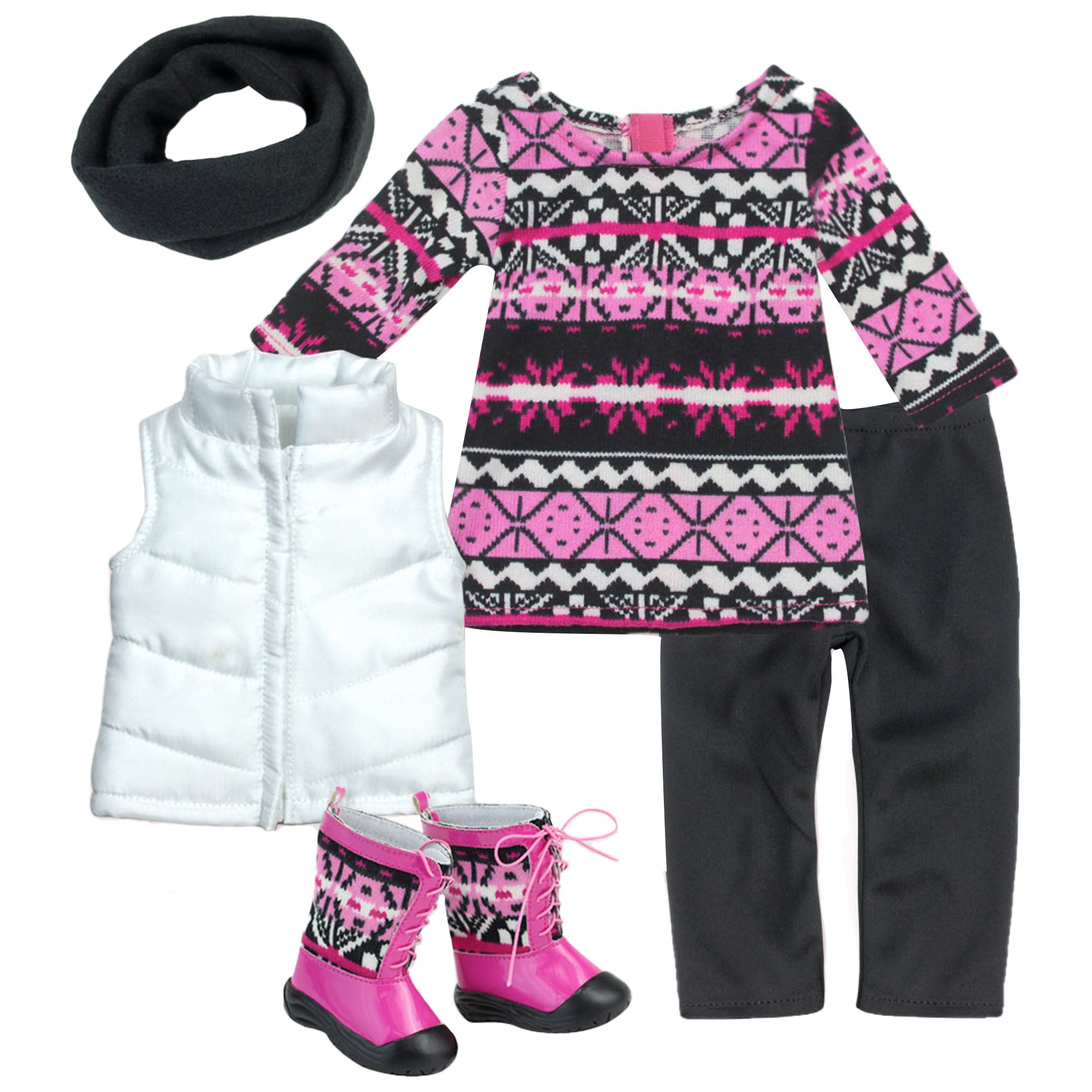 Sophia’s Dress, Leggings, Scarf, Vest, and Boots for 18" Dolls