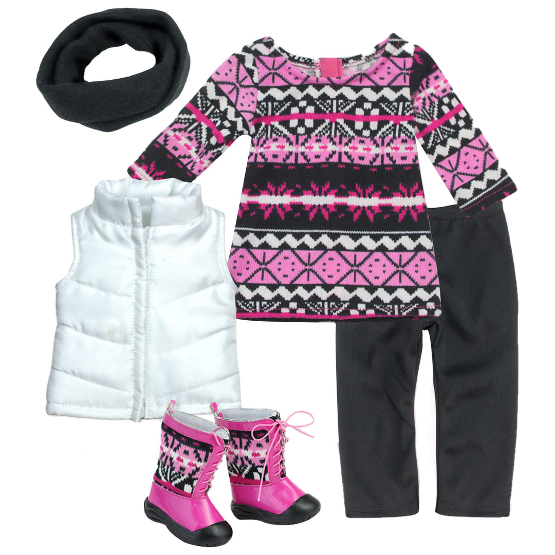 A pink, black, and white fair isle tunic, black leggings, puffy white vest, black infinity scarf, and pink and black snow boots for 18" dolls.