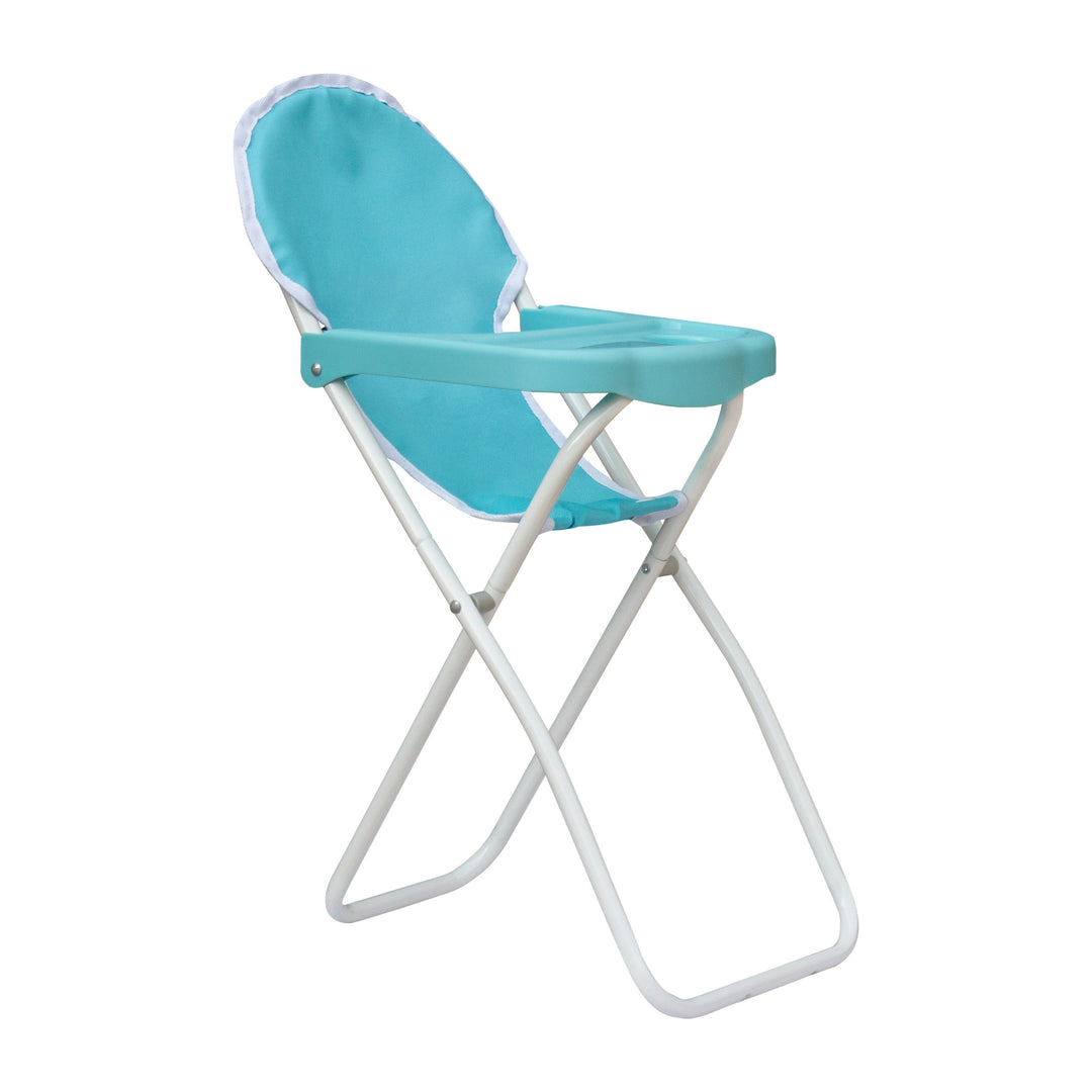 A blue and white baby doll high chair.