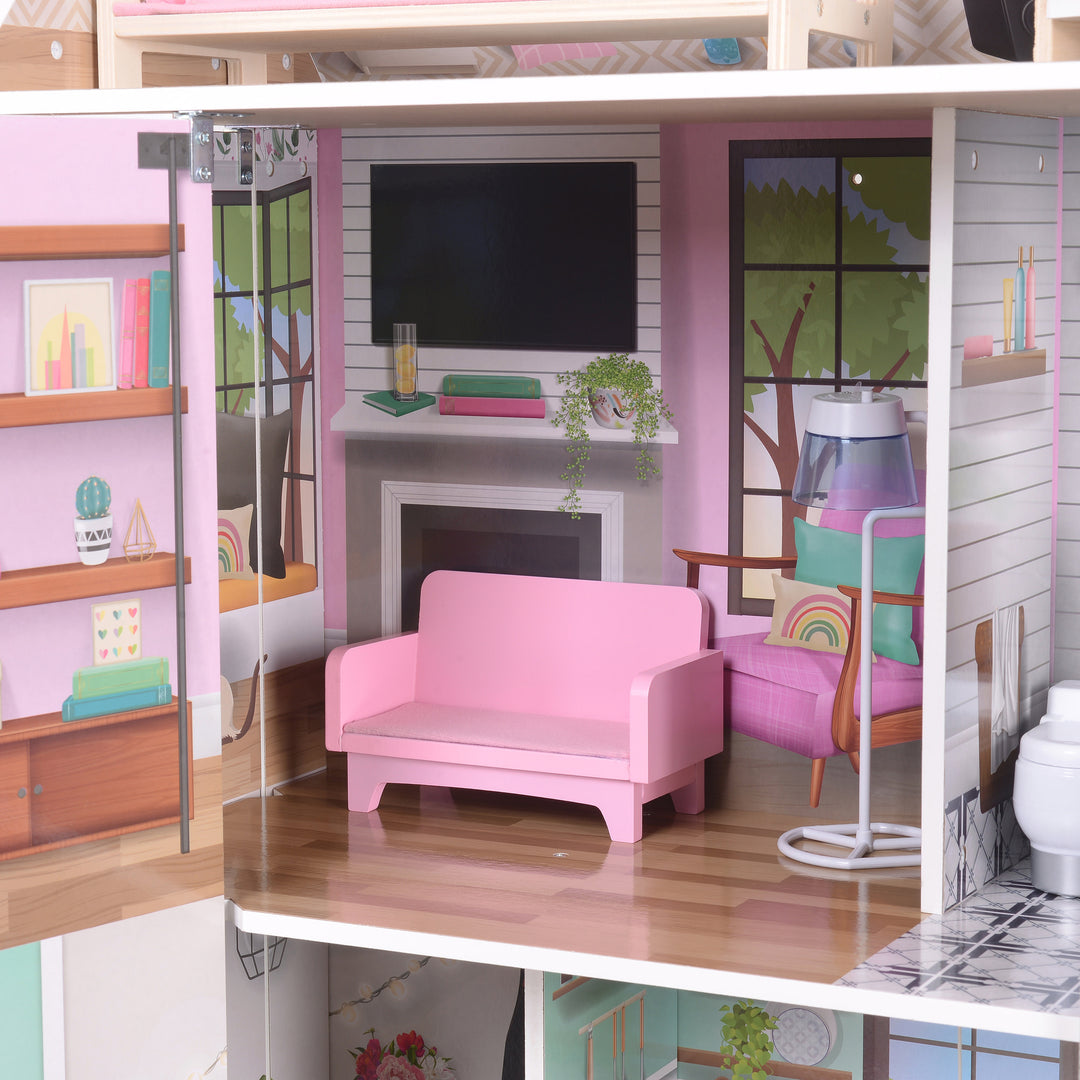 A close-up of the fully-illustrated living room with a pink sofa and floor lamp.
