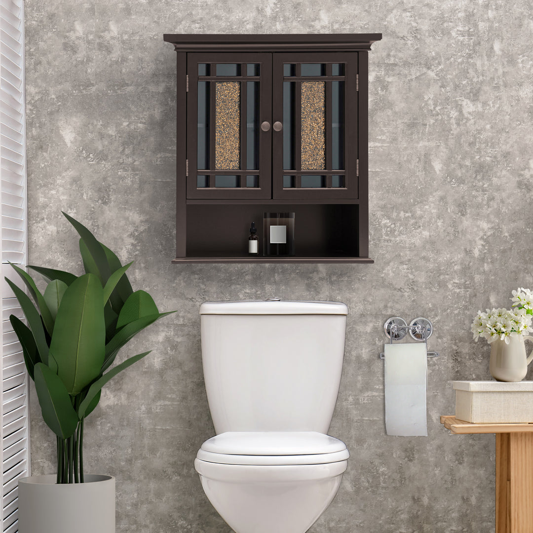 A modern bathroom interior with a Teamson Home Dark Espresso Windsor Removable Wall Cabinet with Glass Mosaic Doors for additional storage, toilet, and small decorative plants.