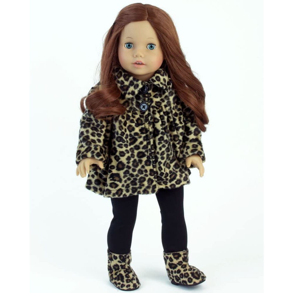 An auburn-haired 18" doll with blue eyes in a leopard-print coat and boots and black leggings.