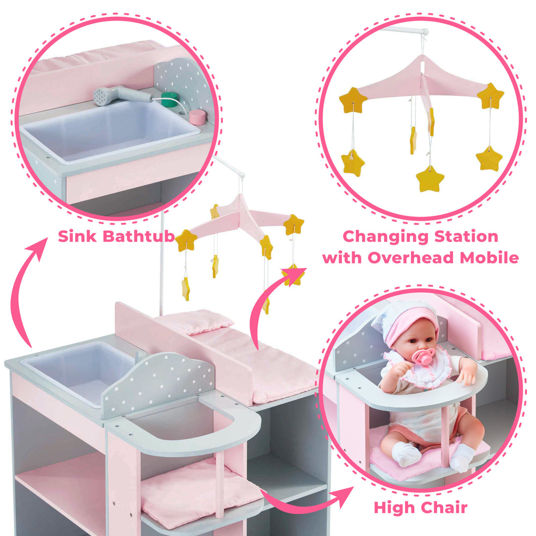An infographics of the sink, mobile and high chair with captions "Sink Bathtub", "Changing Station with Overhead Mobile" and "High Chair."