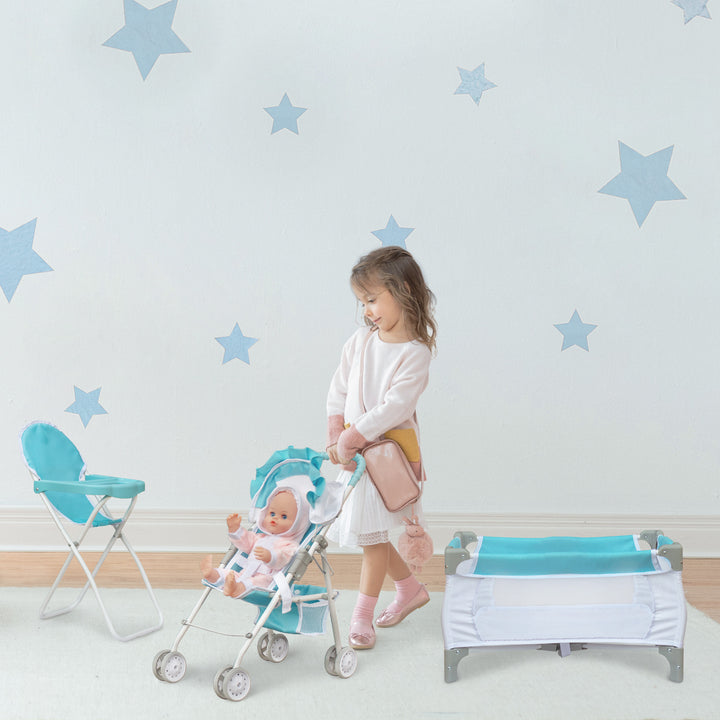 A little girl pushing her baby doll in a blue and white stroller that matches the blue high chair to the right and the crib to the left in a playroom.