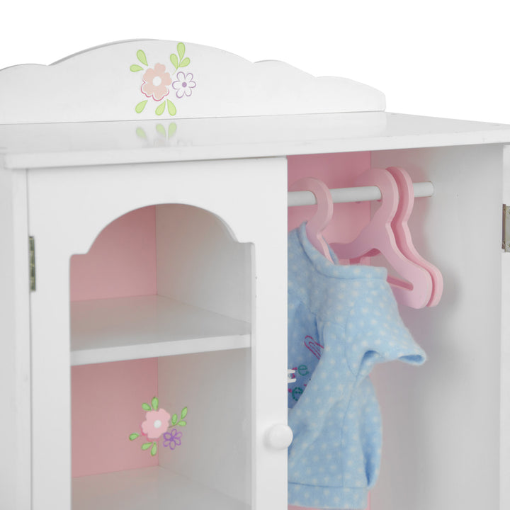 A Olivia's Little World Little Princess Toy Closet with Hangers for 18" Dolls in gray and pink, perfect as room decoration.