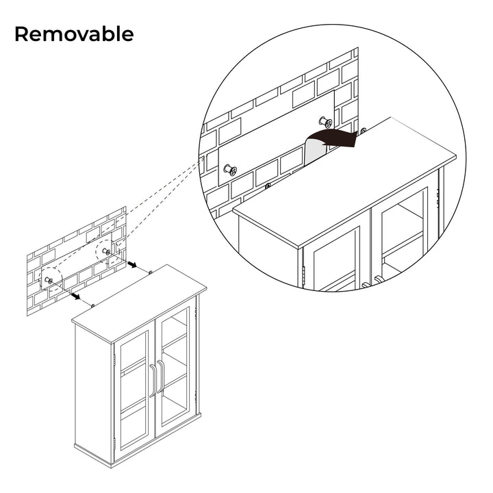 Exploded view illustration showing the removal process of a Teamson Home Avery Wooden 2 Door Wall Cabinet with Storage, Oiled Oak from its storage hinges.