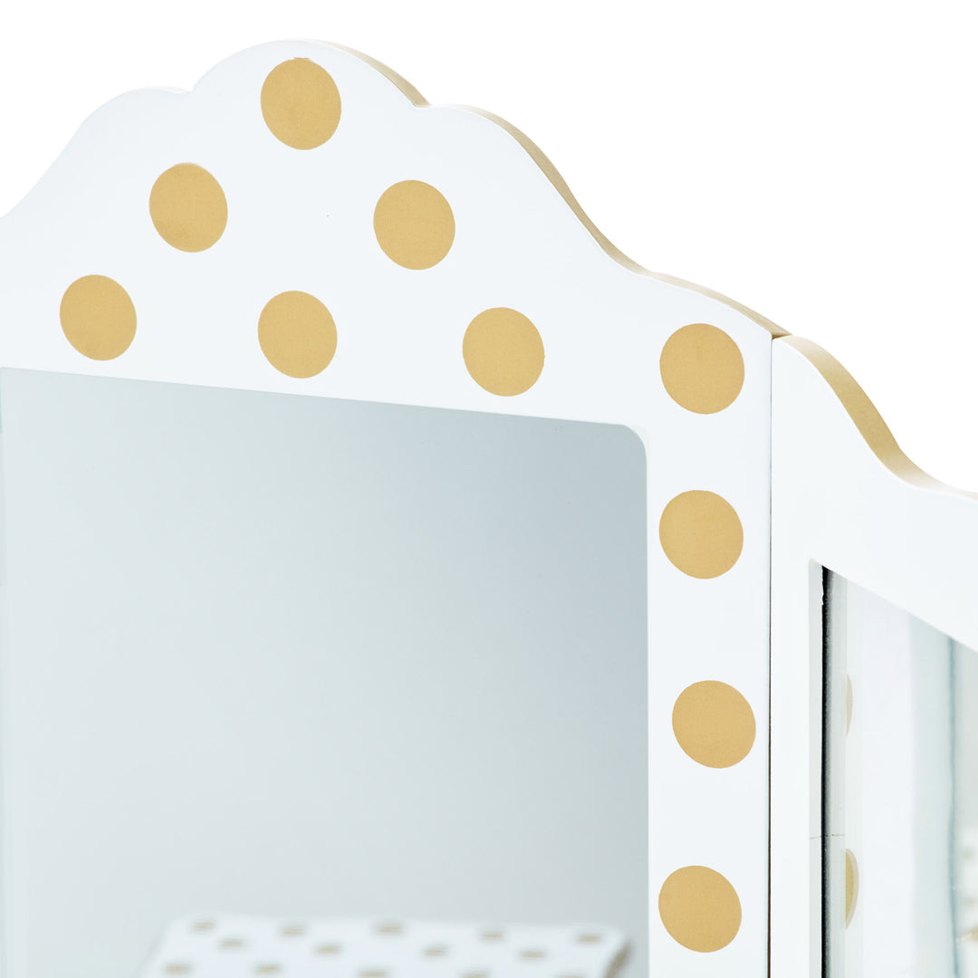 A Teamson Kids Gisele Polka Dot Vanity Playset, White / Gold mirror.
