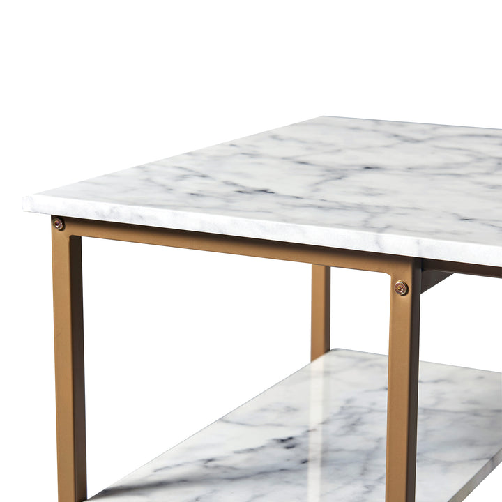 A close-up of the faux marble tabletop