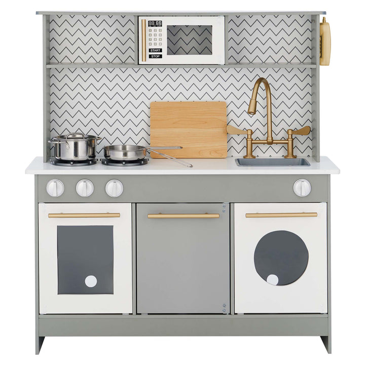 Teamson Kids Little Chef Berlin Modern Play Kitchen with 6 Accessories, Gray/White with pots, utensils, microwave, and storage space.