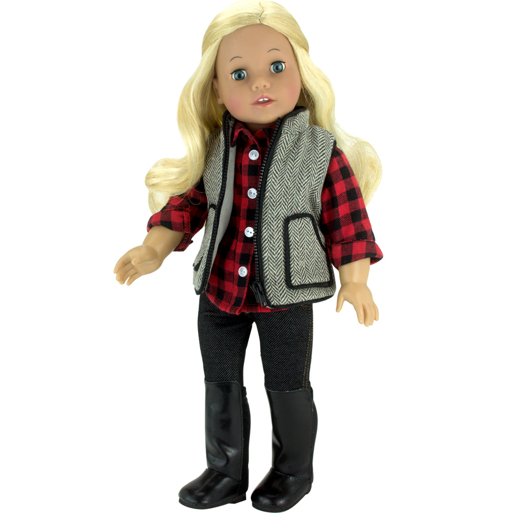 A blonde 18" doll with blue eyes is dressed in a gray herringbone vest with a zipper, a red buffalo check shirt, a pair of dark denim jeans with yellow stitching, and a pair of black knee-high boots.