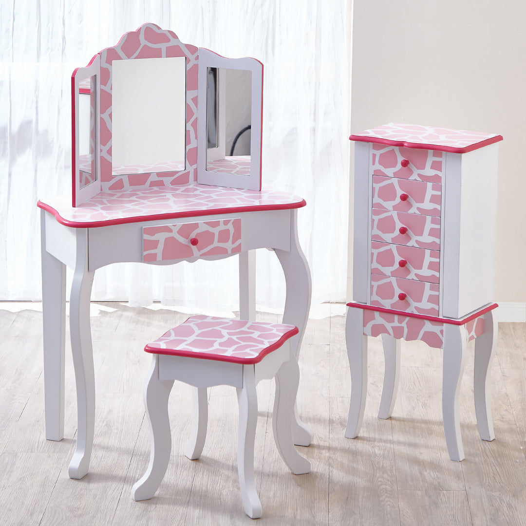 Fantasy Fields Gisele Giraffe Prints Play Vanity Set, Pink/White with mirror and stool and jewelry tower.