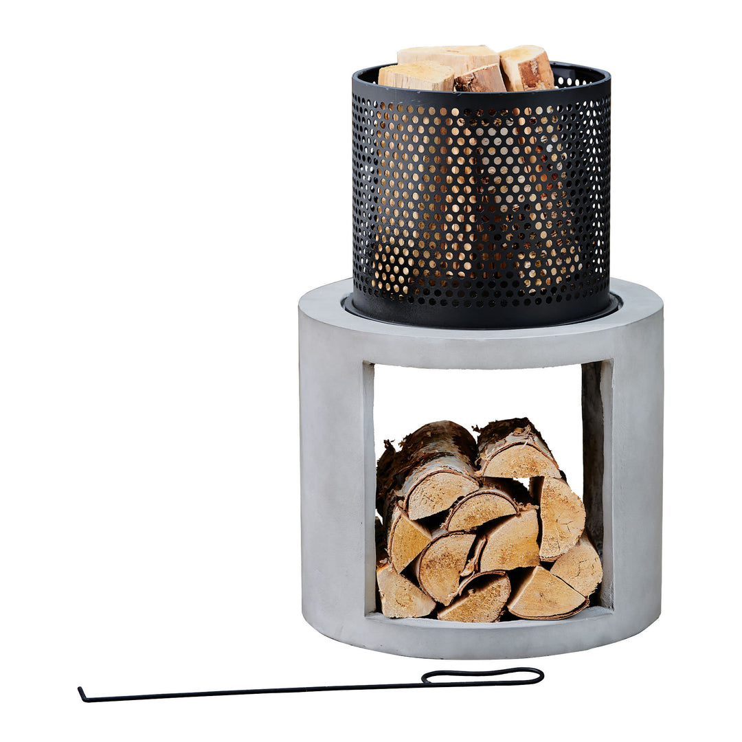 Teamson Home Outdoor 16" Wood Burning Fire Pit with Decorative Log Storage Base, Gray/Black with logs stacked in the base underneath and stacked for a fire in the fire pit above