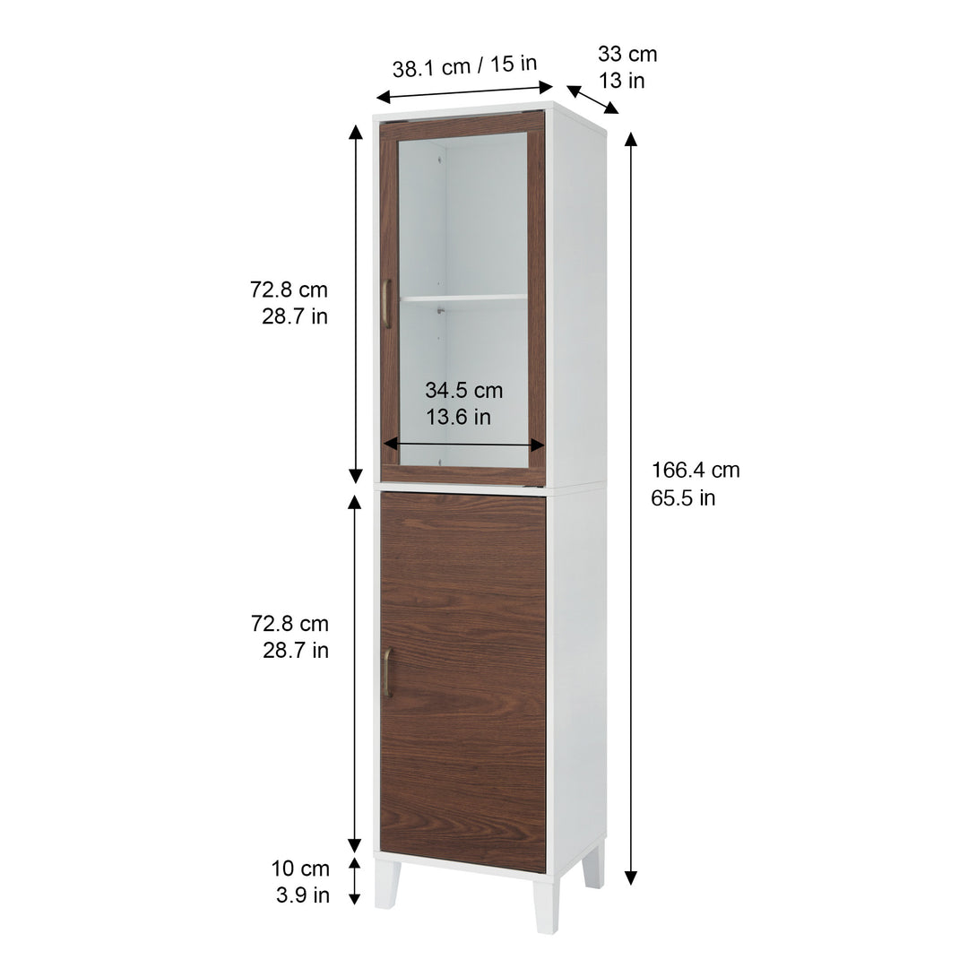Dimensions in inches and centimeters of the Teamson Home Tyler Modern Linen Storage Cabinet with Two Doors, Walnut/White