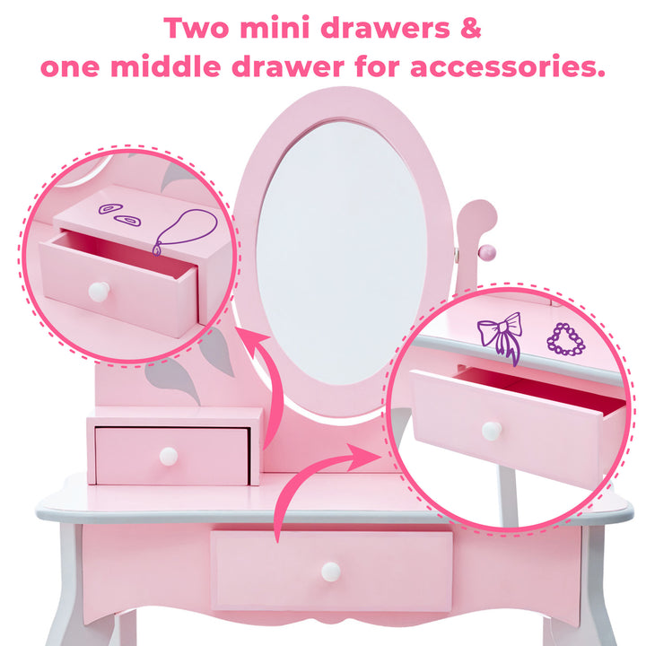 Two mini drawers and one middle drawer for Teamson Kids Little Princess Rapunzel Vanity Playset, Pink / Gray accessories.