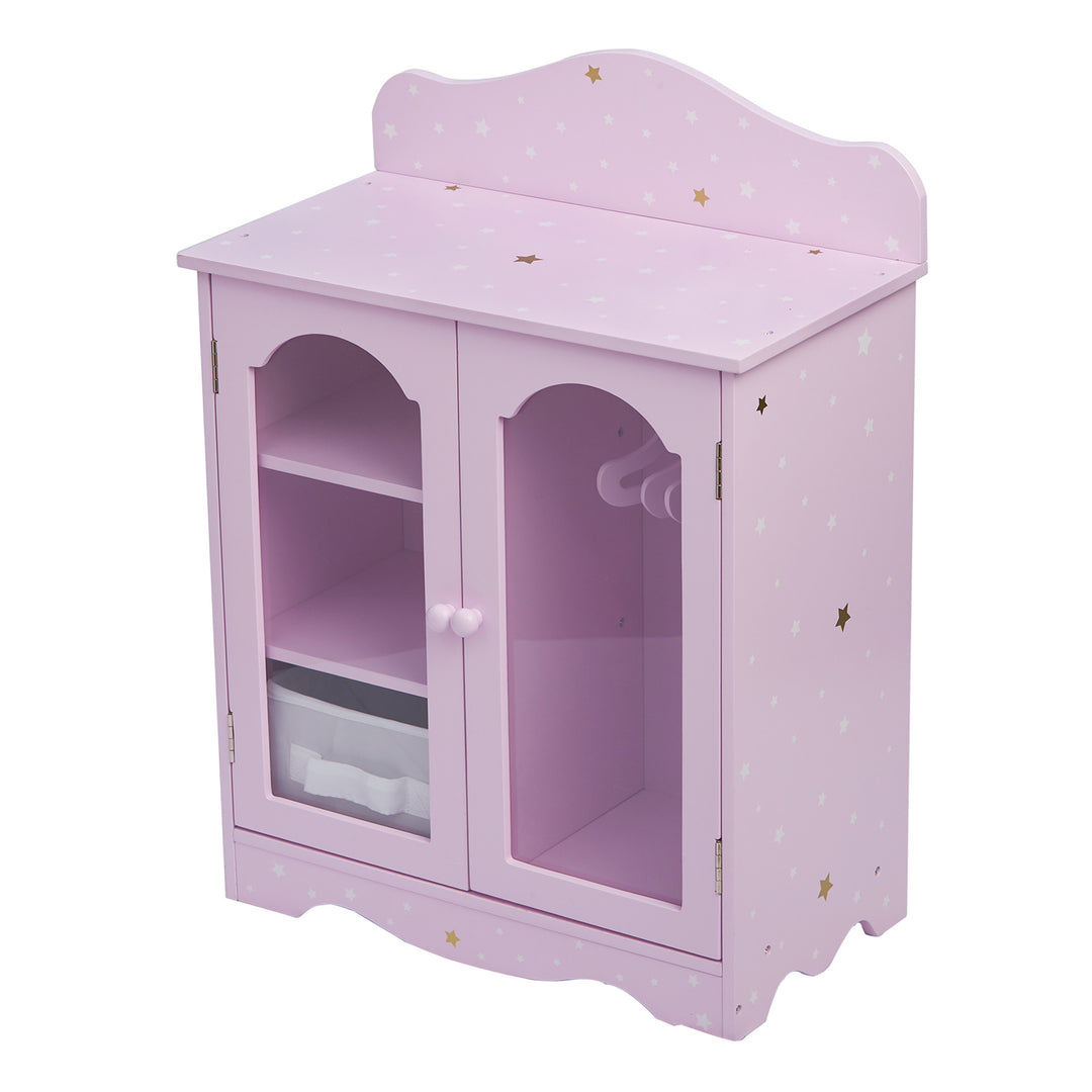 An doll closet for 18" dolls in purple with white and gold stars, double doors, shelves and 3 hangers.