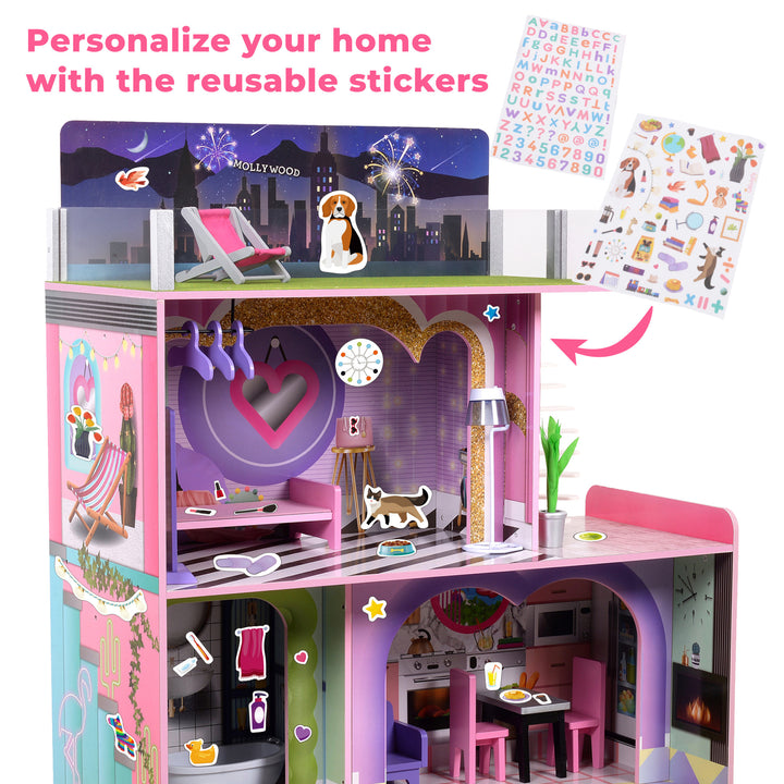 A side view on the left with various stickers throughout the dollhouse.