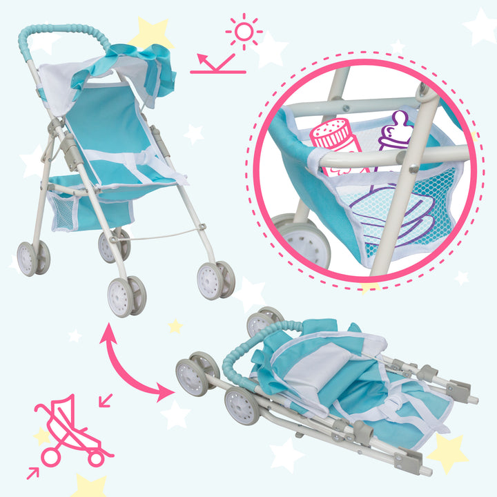 An infographic of a 3-in-1 Baby Doll Nursery Set, Blue/White featuring a high chair, a stroller, and a crib with stowaway bag. Call-outs refer to the retractable canopy on the baby doll stroller, the storage basket below the stroller, and that the stroller can collapse for easy storage.