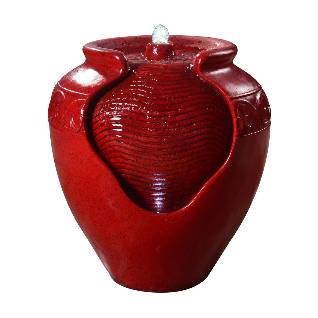 Teamson Home Outdoor Glazed Pot Floor Fountain with LED Lights, Red ceramic fountain