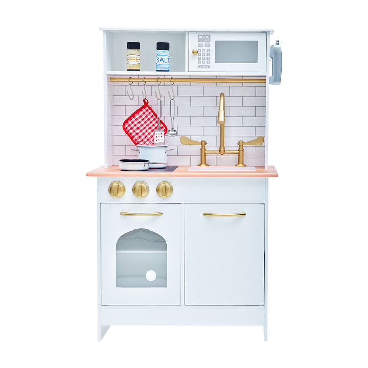 Teamson Kids Little Chef Boston Classic Play Kitchen & Cookware, White playset with accessories on a white background.